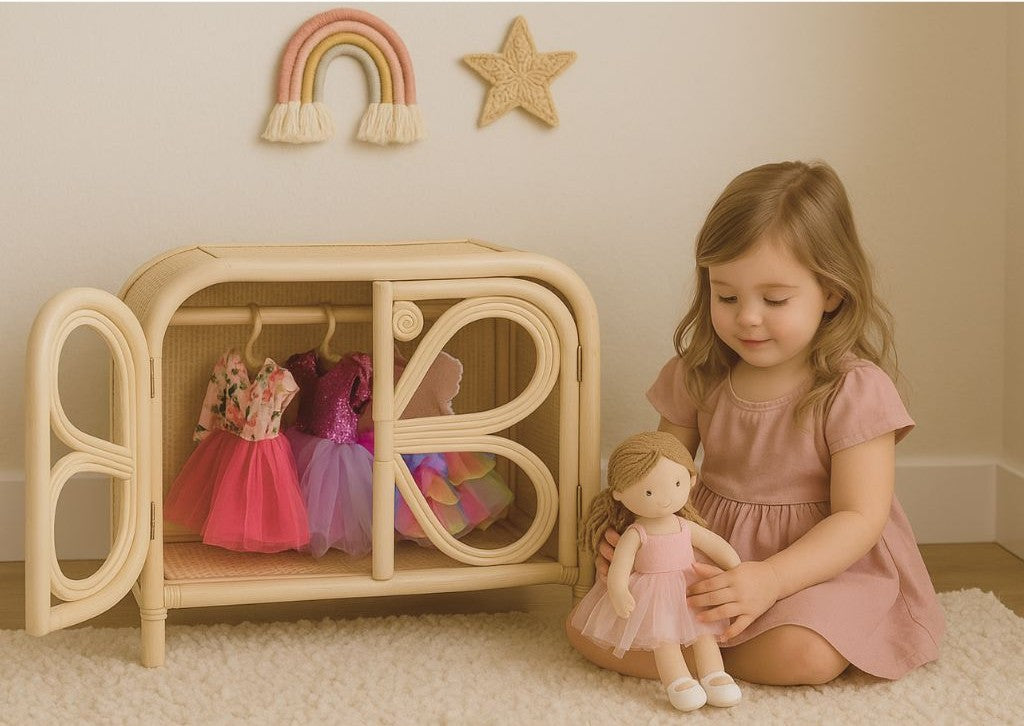 Rattan Doll Clothes Wardrobe | Boho Butterfly Dresser for Kids | Eco-Friendly Nursery Decor
