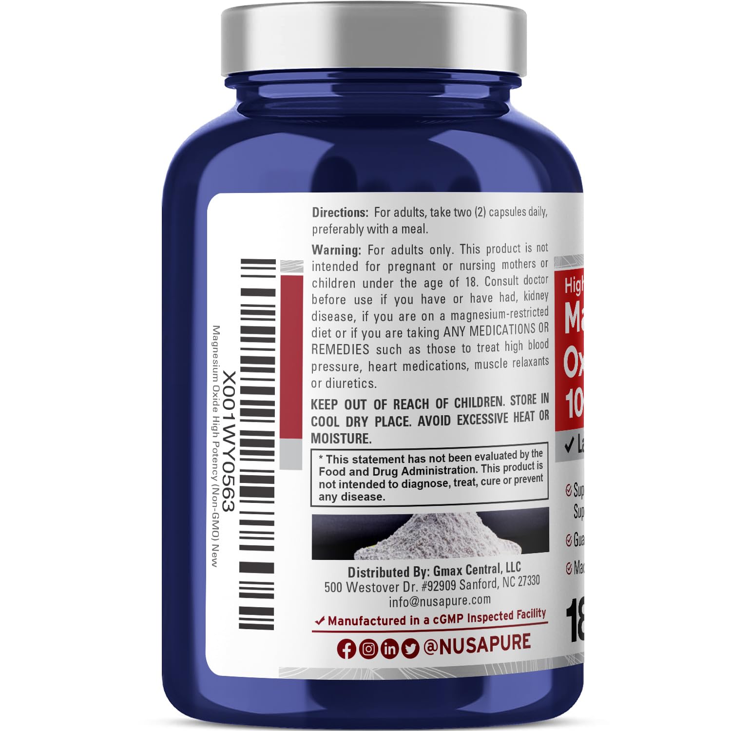 NusaPure Magnesium Oxide 1,000mg per Serving 180 Veggie Caps (Non-GMO, Vegan)