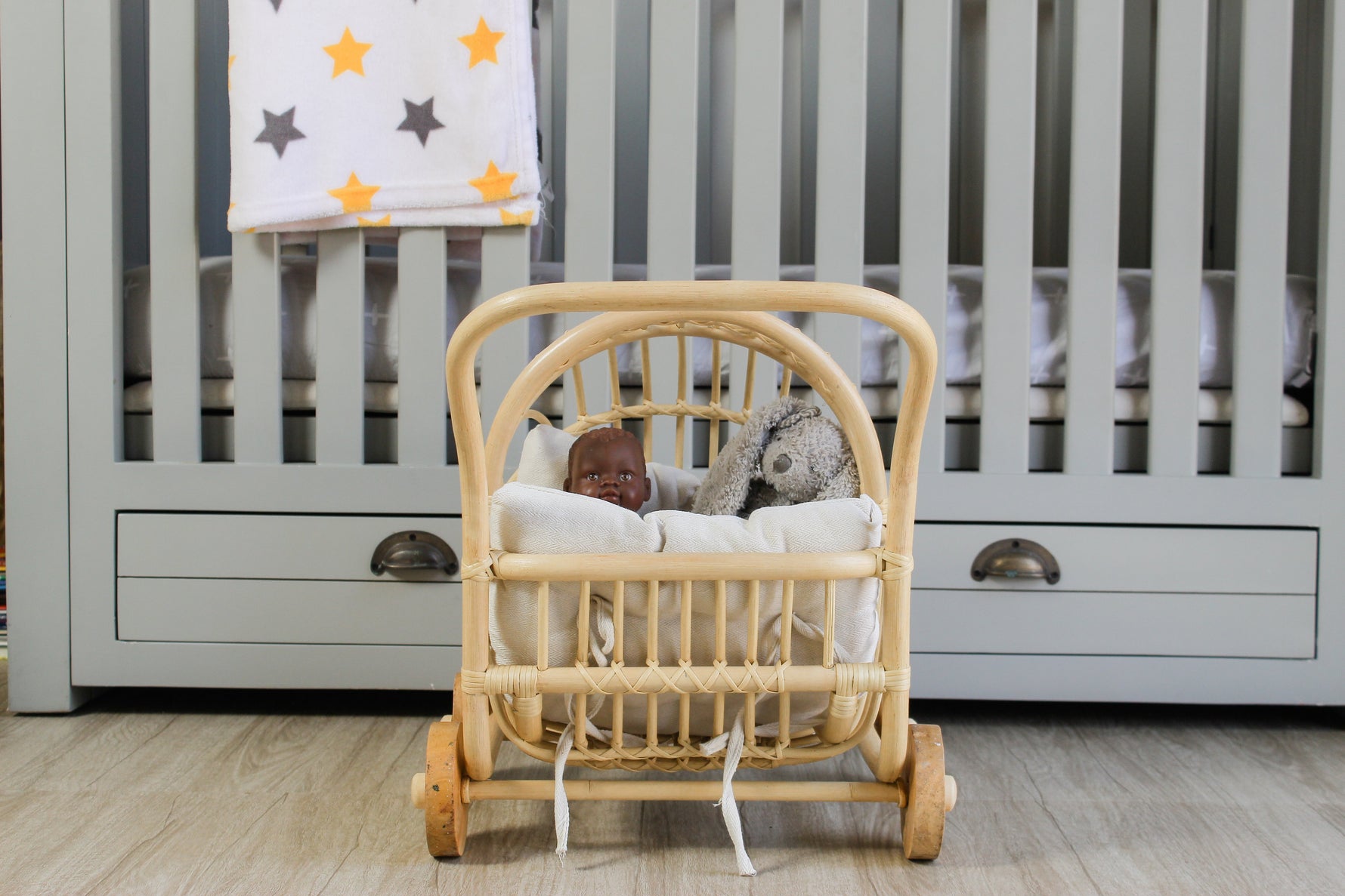 Rattan Doll Stroller – Handmade Boho Doll Pram for Imaginative Play