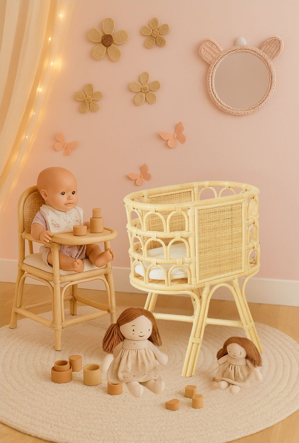 Rattan Doll Crib – Handmade Wicker Doll Bed, Boho Montessori Toy Bassinet for Girls