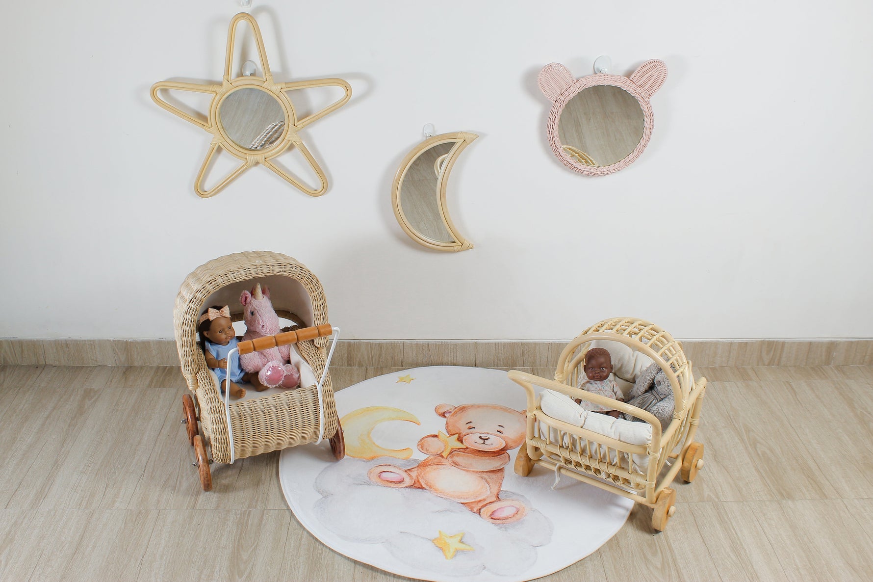 Rattan Doll Stroller – Handmade Boho Doll Pram for Imaginative Play