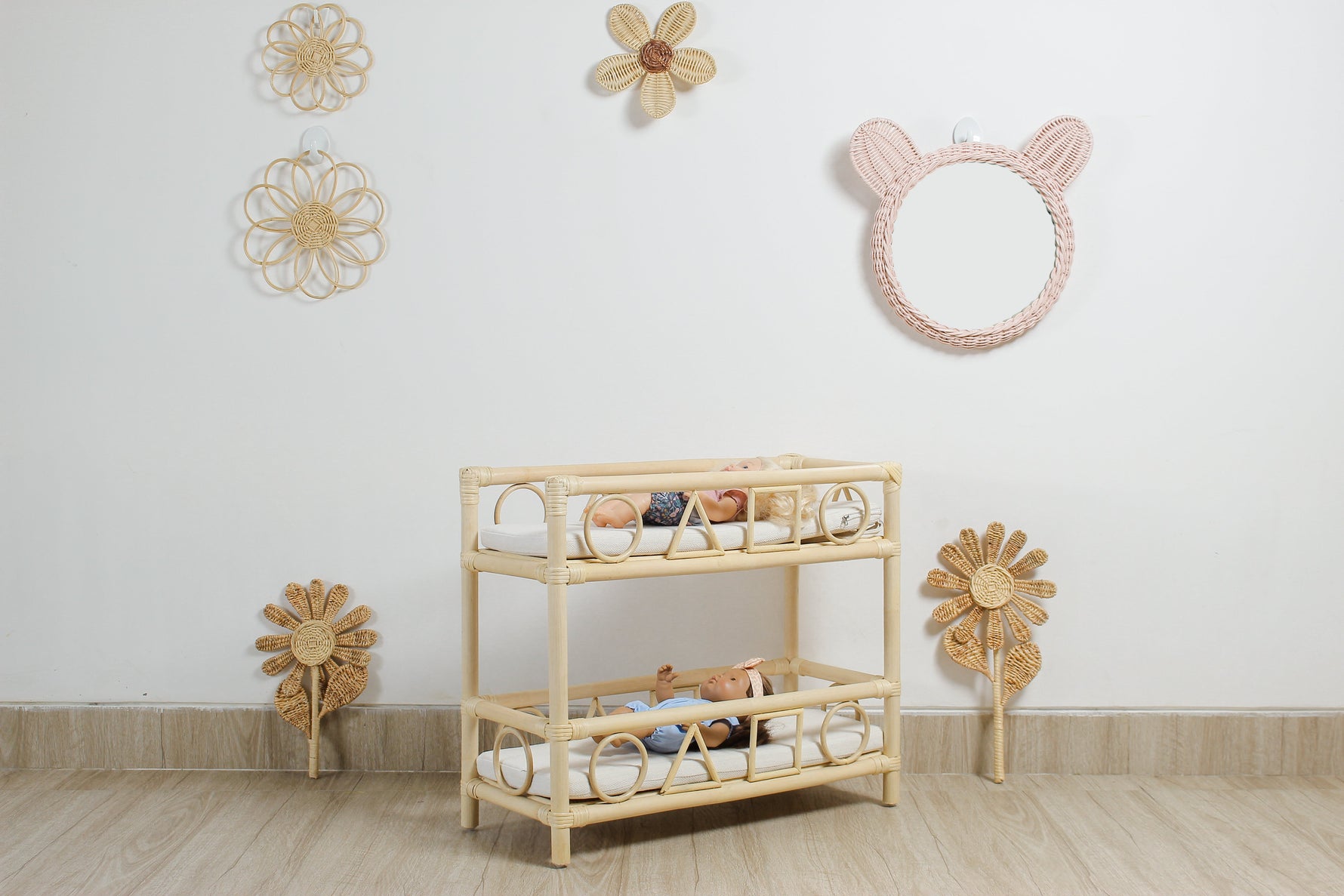 Kids Pink Rattan Teddy Bear Wall Mirror – Baby Girl Nursery & Kids Room Décor Gift