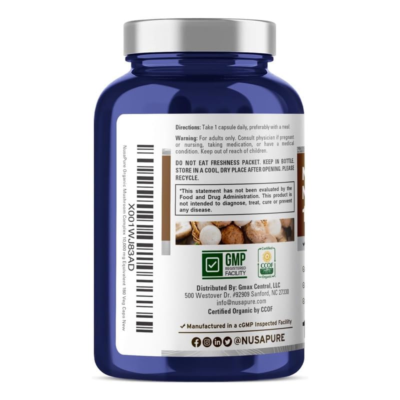 NusaPure Organic Mushroom Complex 450mg per Capsule, 180 Veggie Caps, Non-GMO, Enoki, Turkey Tail, Reishi, Chaga, Maitake