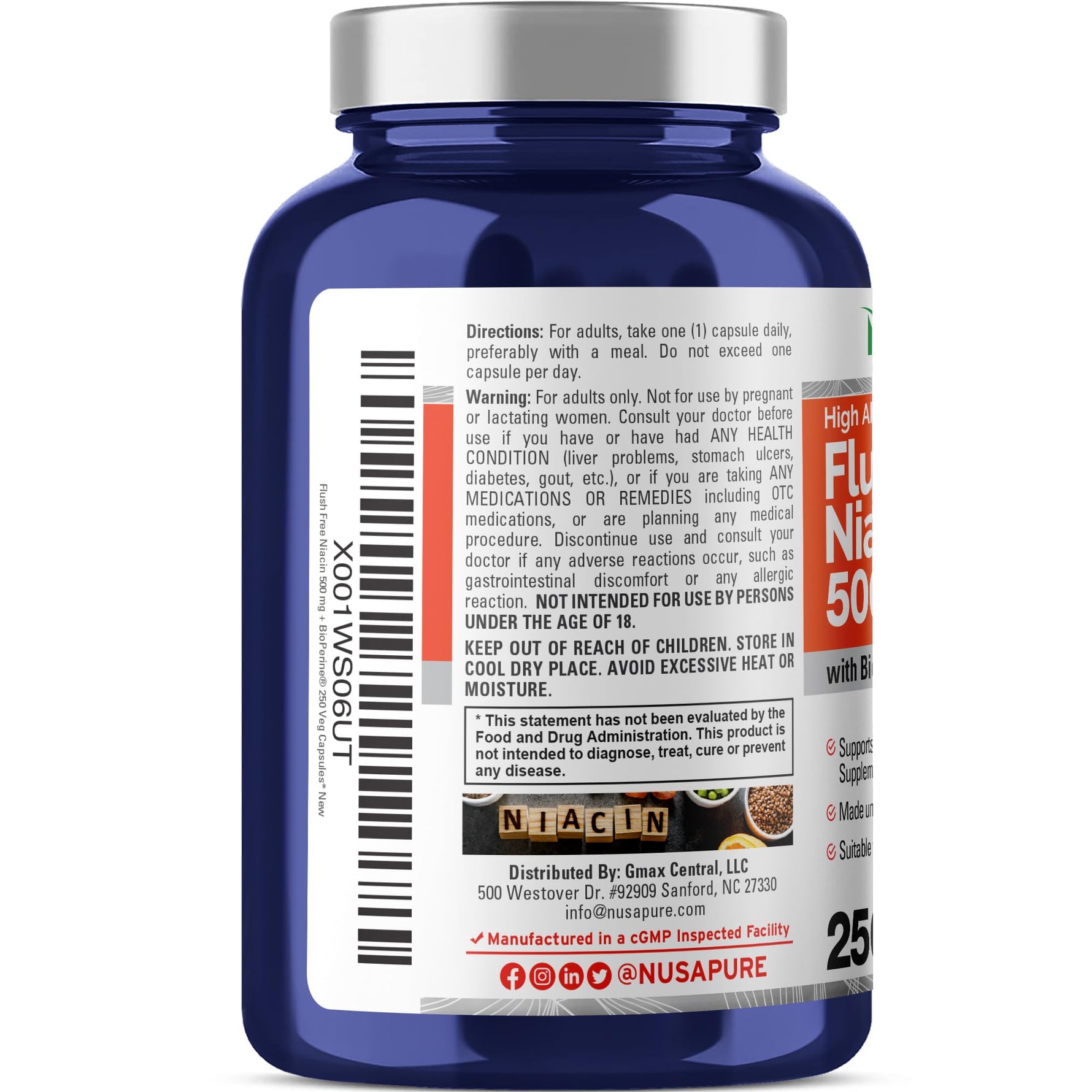 NusaPure FUSH Free Niacin - Suitable for Vegetarian/Vegan, Non - GMO - 500 mg - 250 Capsules