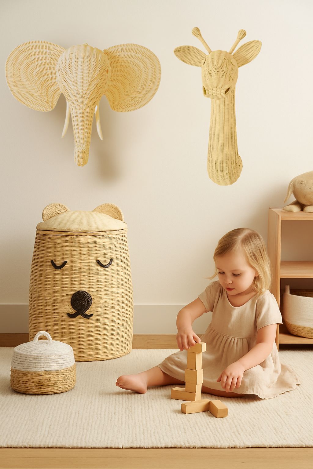 Rattan Elephant Wall Decor – Safari Nursery Wall Art | Boho Kids Room Animal Head | Handmade Natural Rattan Décor