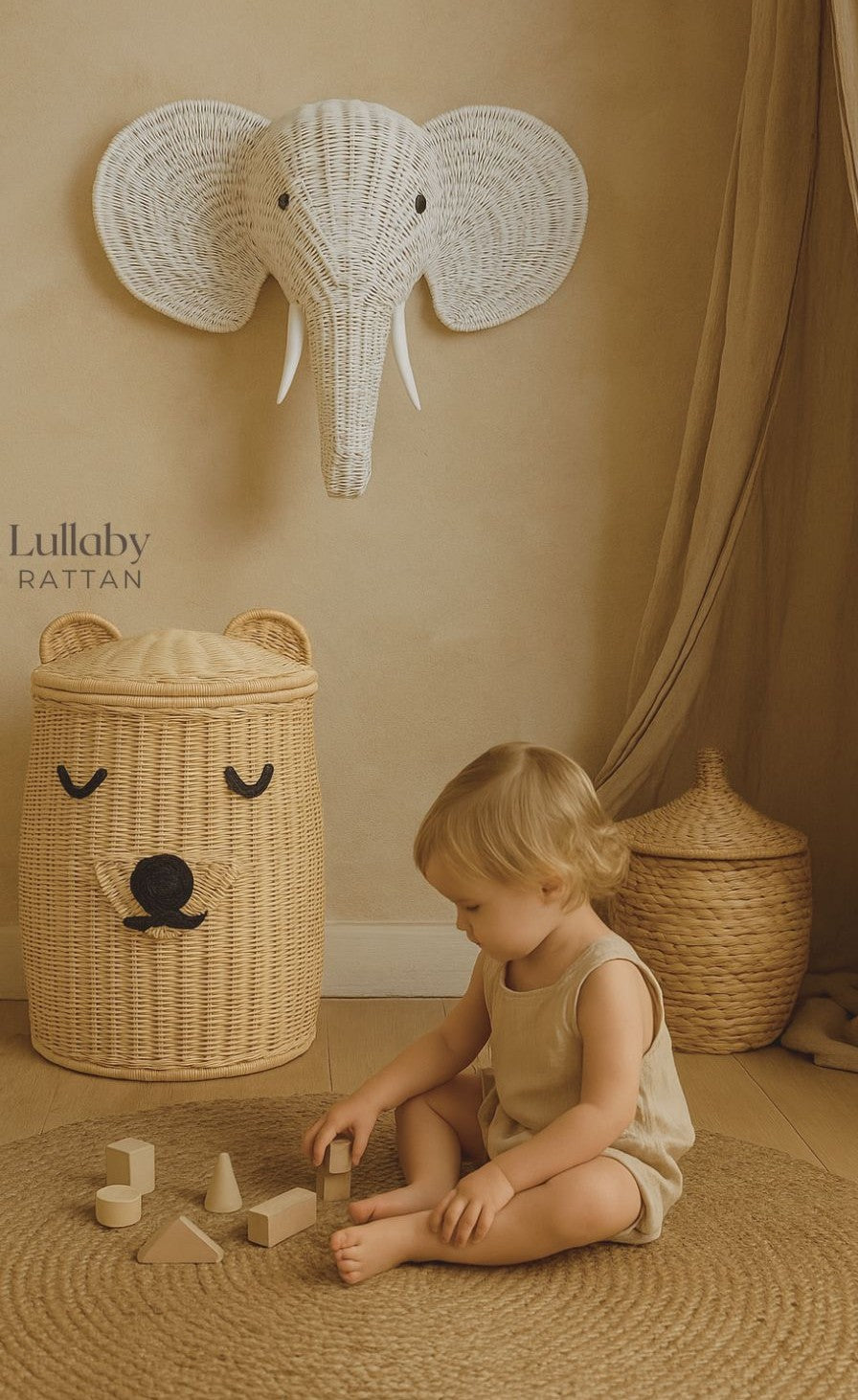 Rattan Bear Hamper Basket | Kids Toy Storage & Nursery Laundry Basket