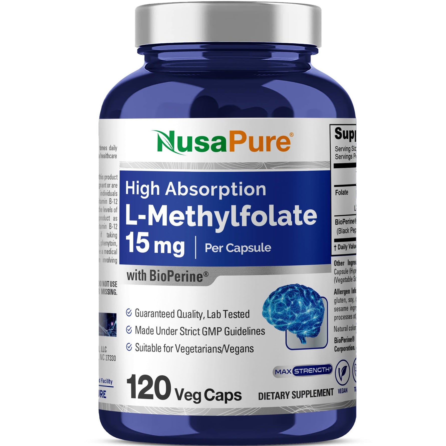 NusaPure L Methylfolate 15mg, 120 Veggie Capsules, Bioperine & Vegan