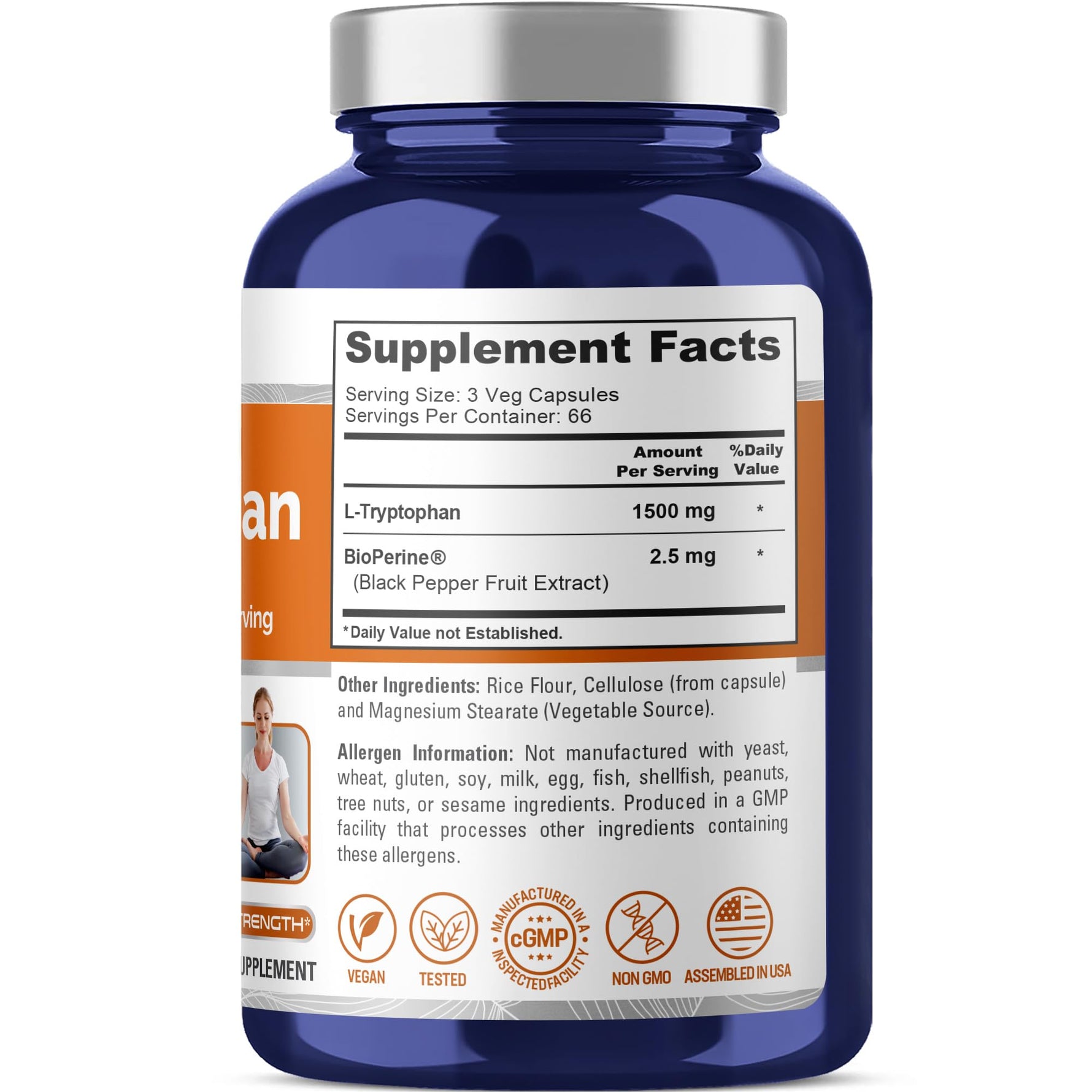 NusaPure L-Tryptophan - Suitable for Vegetarian/Vegan, Non - GMO - 1500mg 200 Capsules