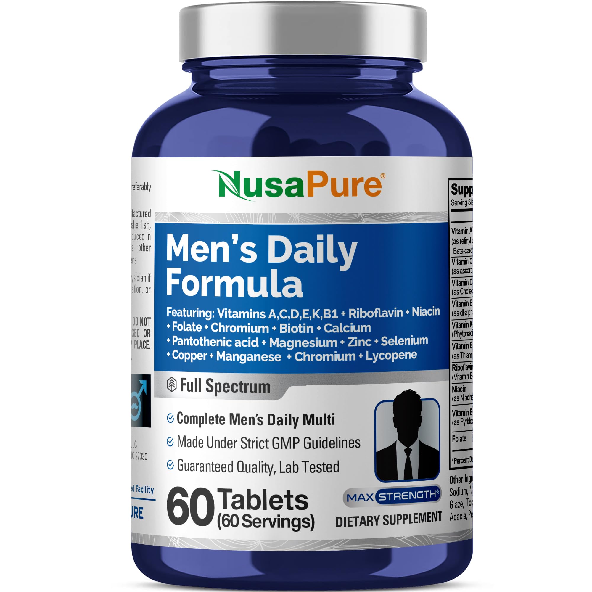 NusaPure Men’s Daily Formula – Full Spectrum Multivitamin with Vitamins A, C, D, E, K, B-Complex, Folate, Biotin, Minerals & Lycopene | 60 Tablets | Non-GMO