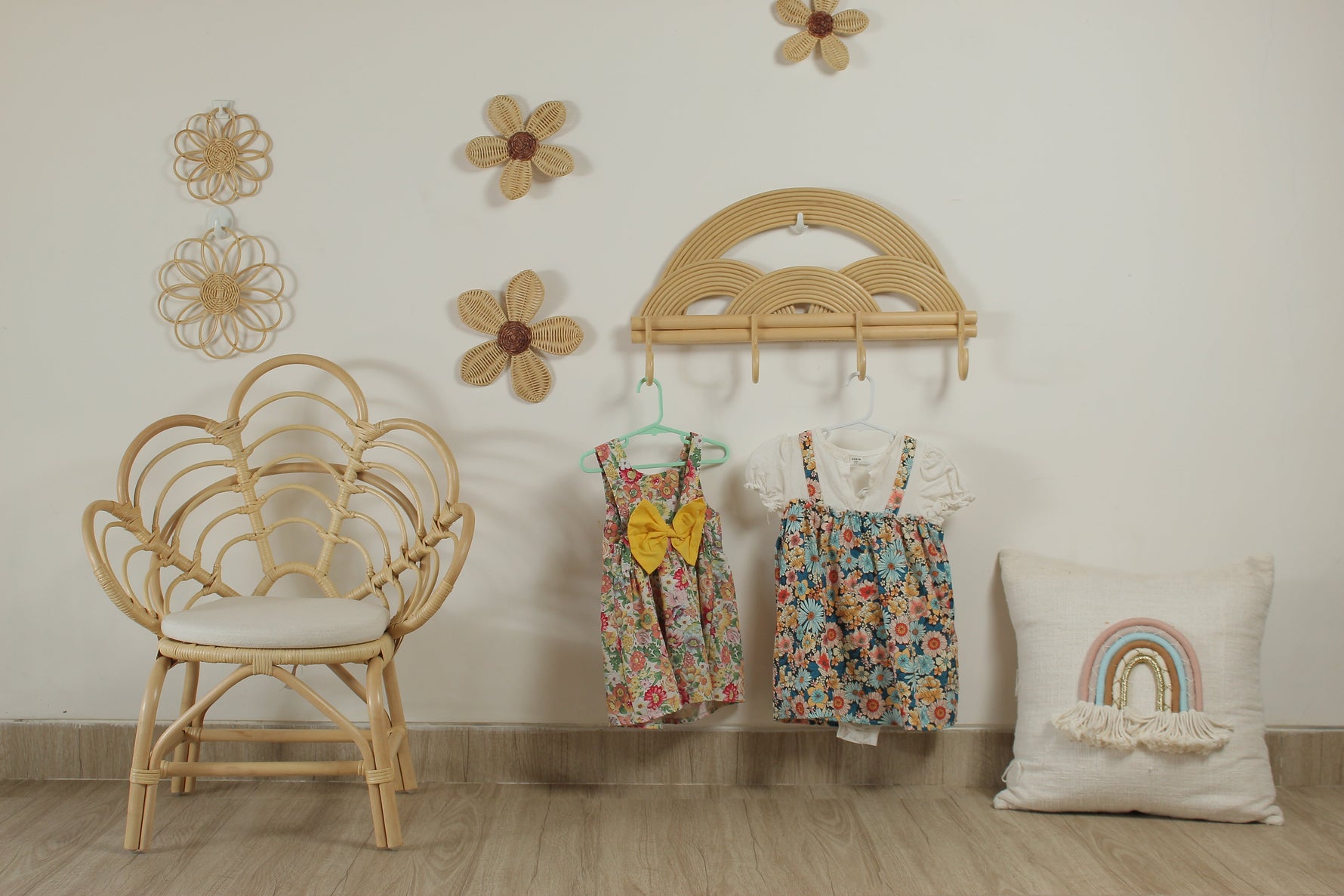 Montessori Rainbow Wall Hanger  |  Rattan Wall Rack | Boho Nursery Wall Hooks for Kids