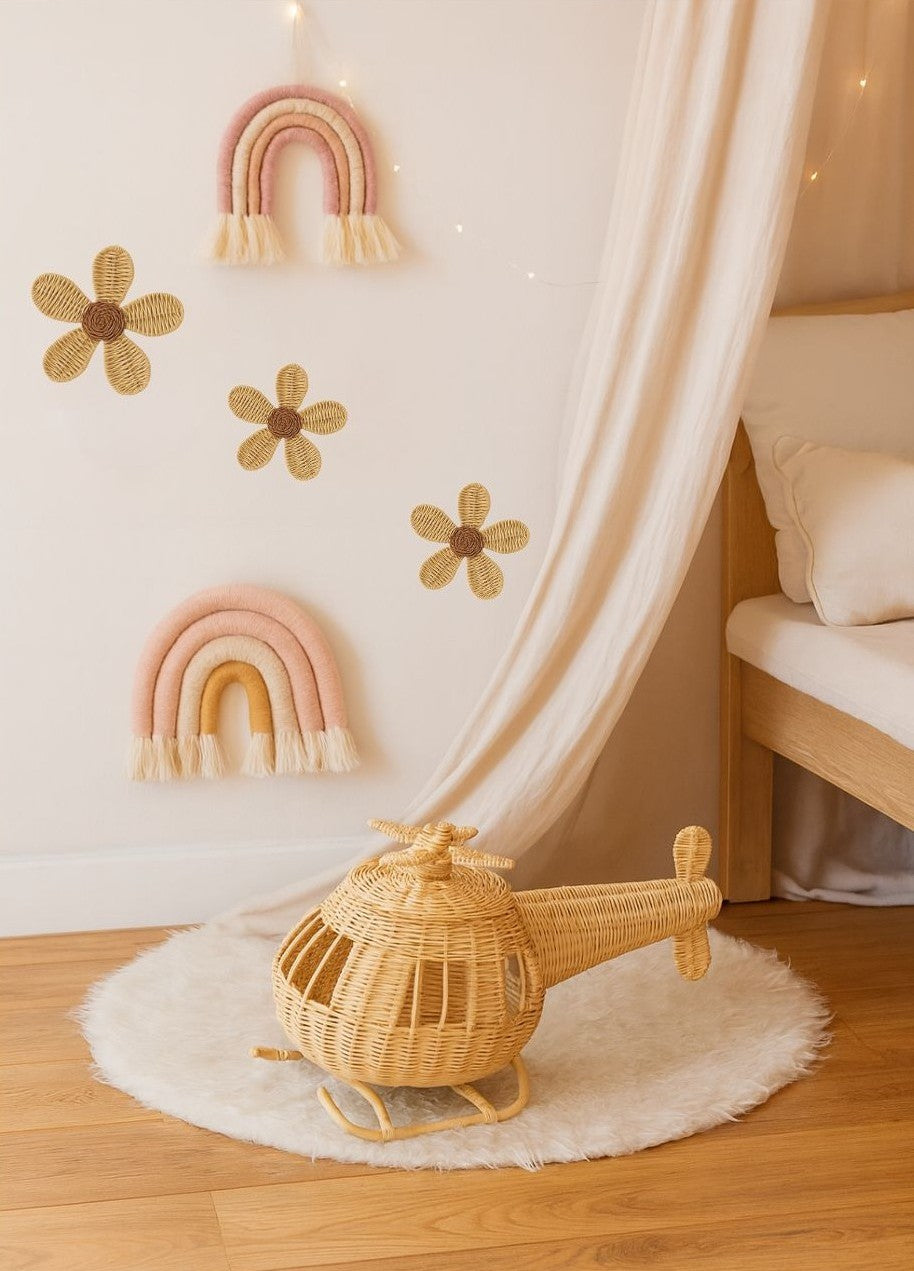 Rattan Toy Helicopter – Handcrafted Boho Pretend Play Toy for Kids | Montessori Airplane Nursery Decor