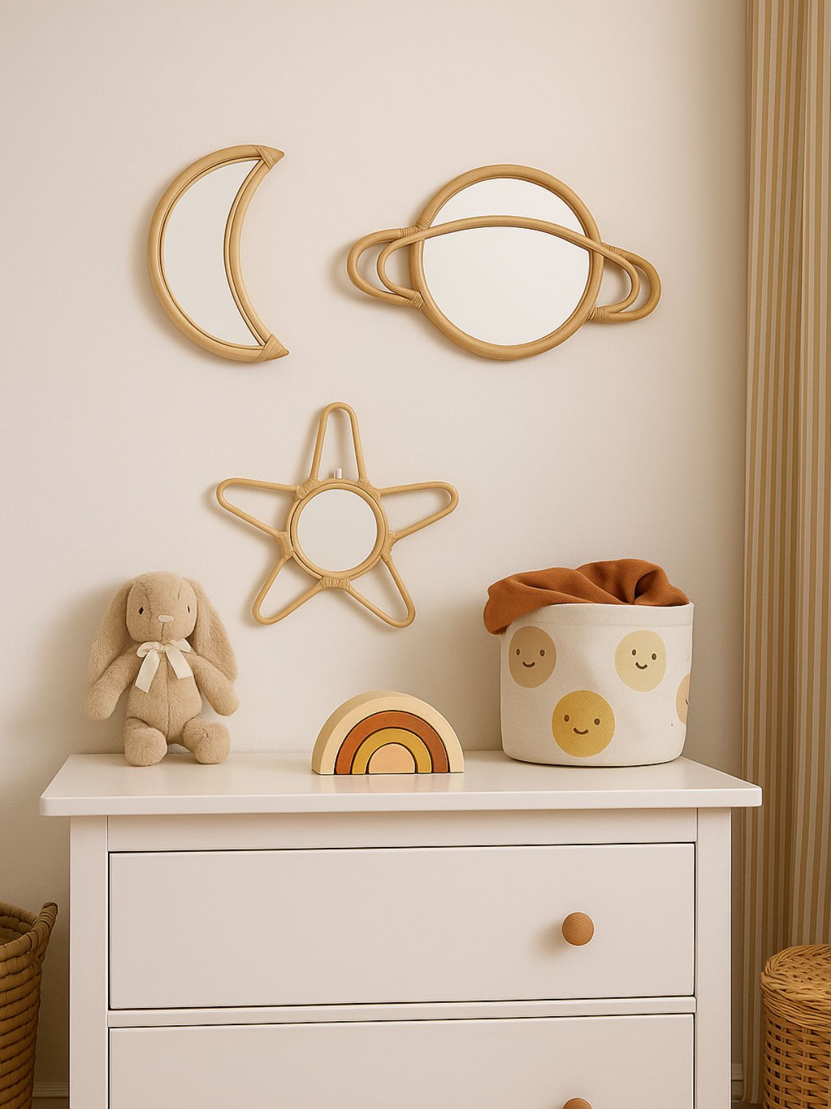 Rattan Saturn Mirror | Boho Nursery Wall Decor | Handmade Natural Rattan Mirror for Kids Room | Eco-Friendly Montessori Wall Art