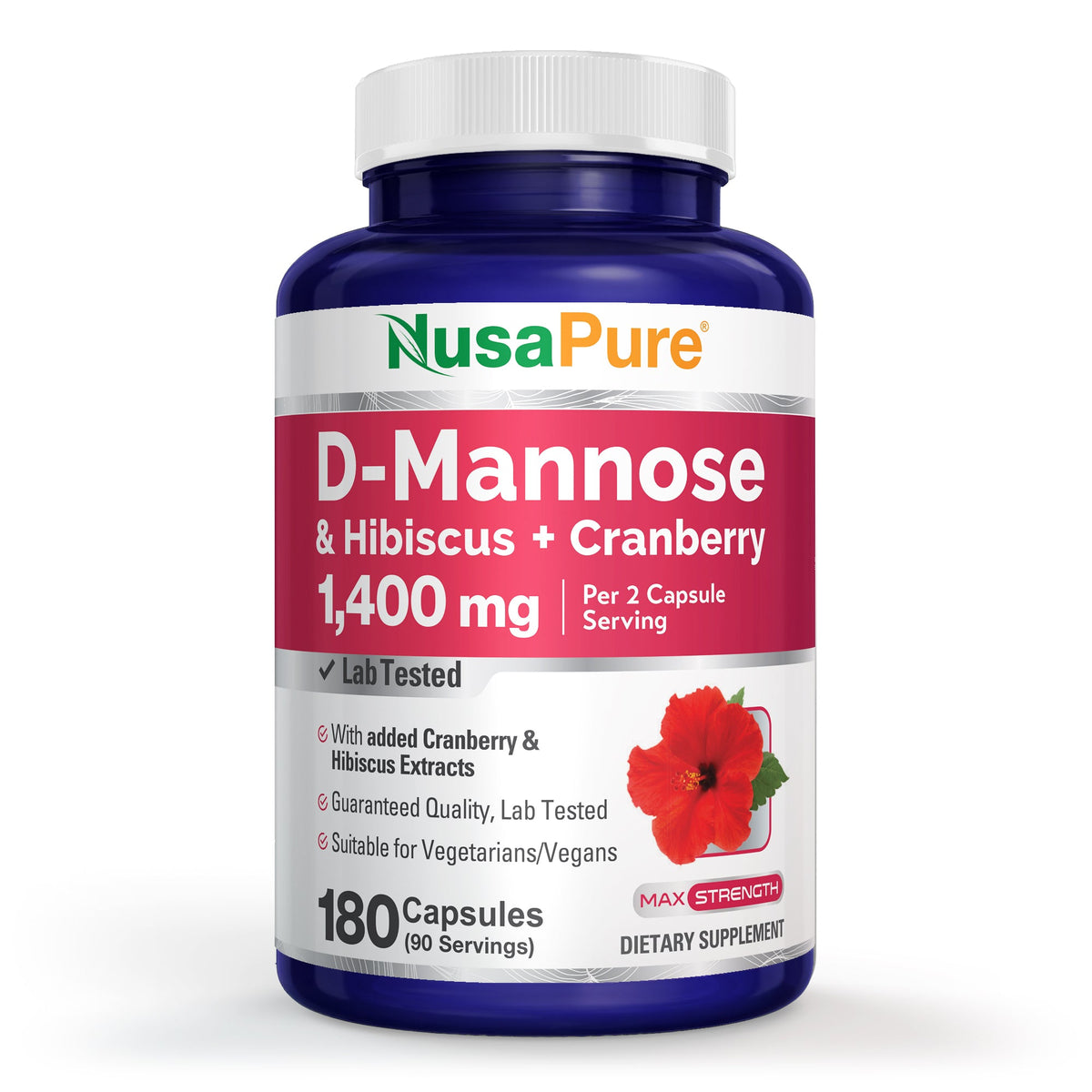 NusaPure D-Mannose Complex 1400 mg (with Hibiscus and Cranberry) - 180 Veggie Caps.