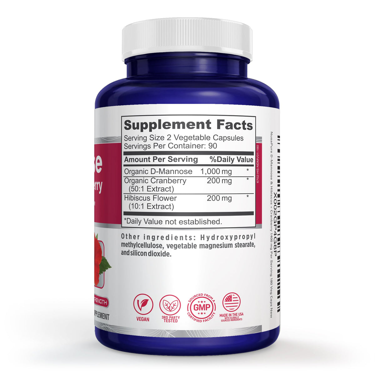 NusaPure D-Mannose Complex 1400 mg (with Hibiscus and Cranberry) - 180 Veggie Caps.