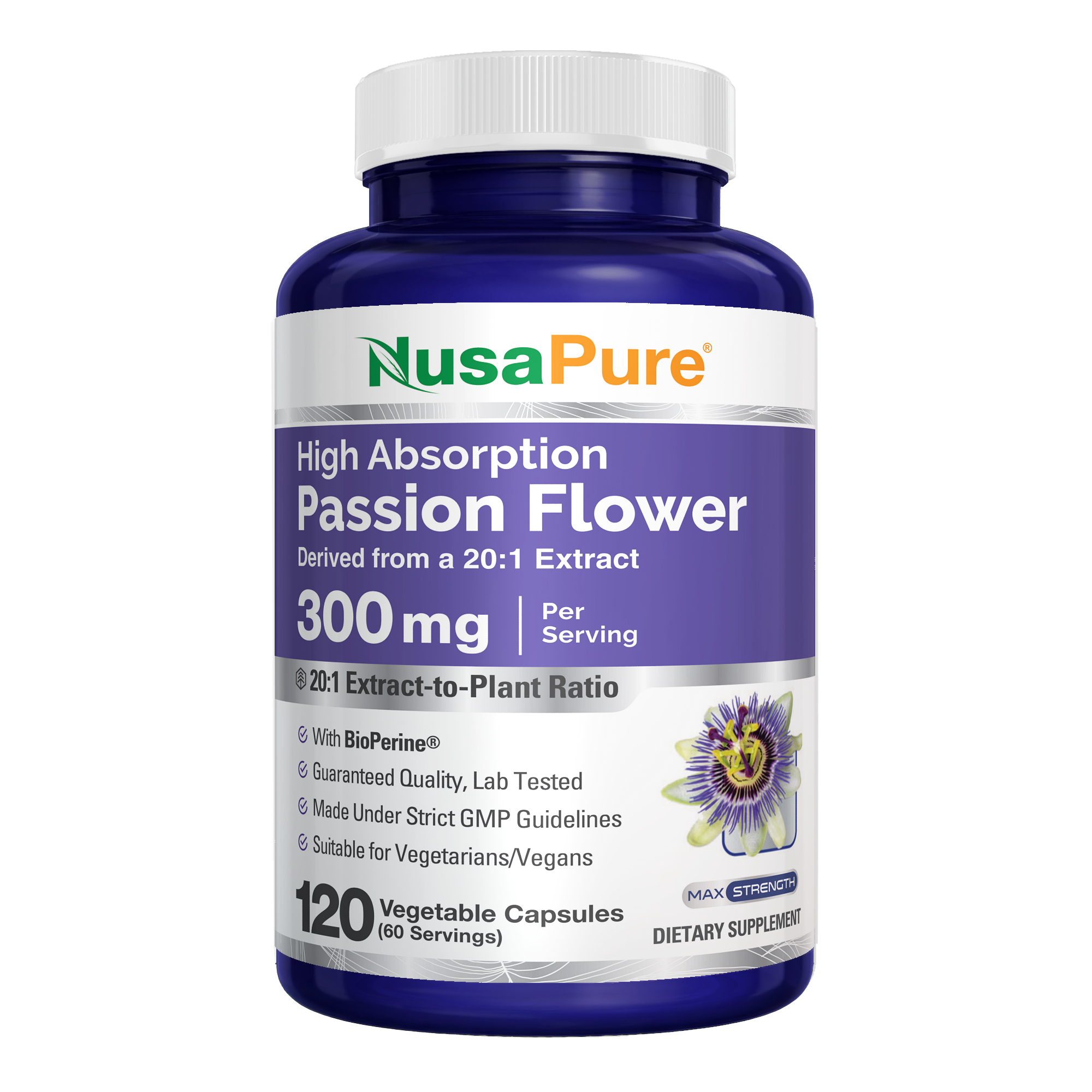 NusaPure Passion Flower 20:1 Extract, 300 mg, 120 Veggie Caps, Non-GMO, Bioperine, Extract Supplement