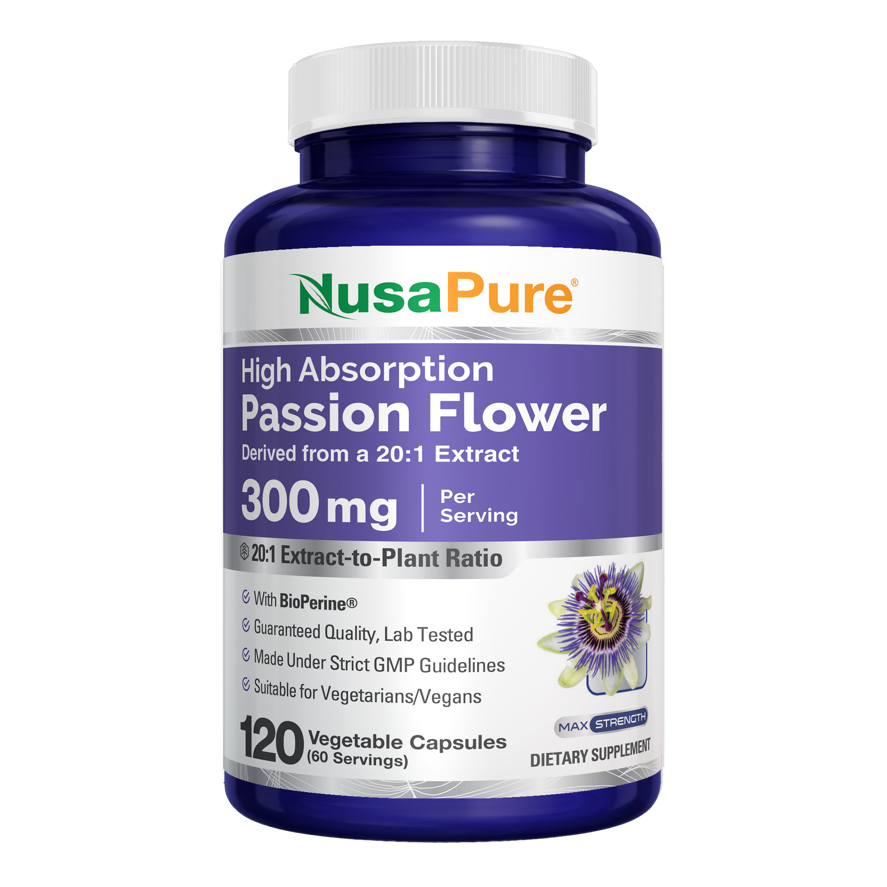 NusaPure Passion Flower 20:1 Extract, 300 mg, 120 Veggie Caps, Non-GMO, Bioperine, Extract Supplement