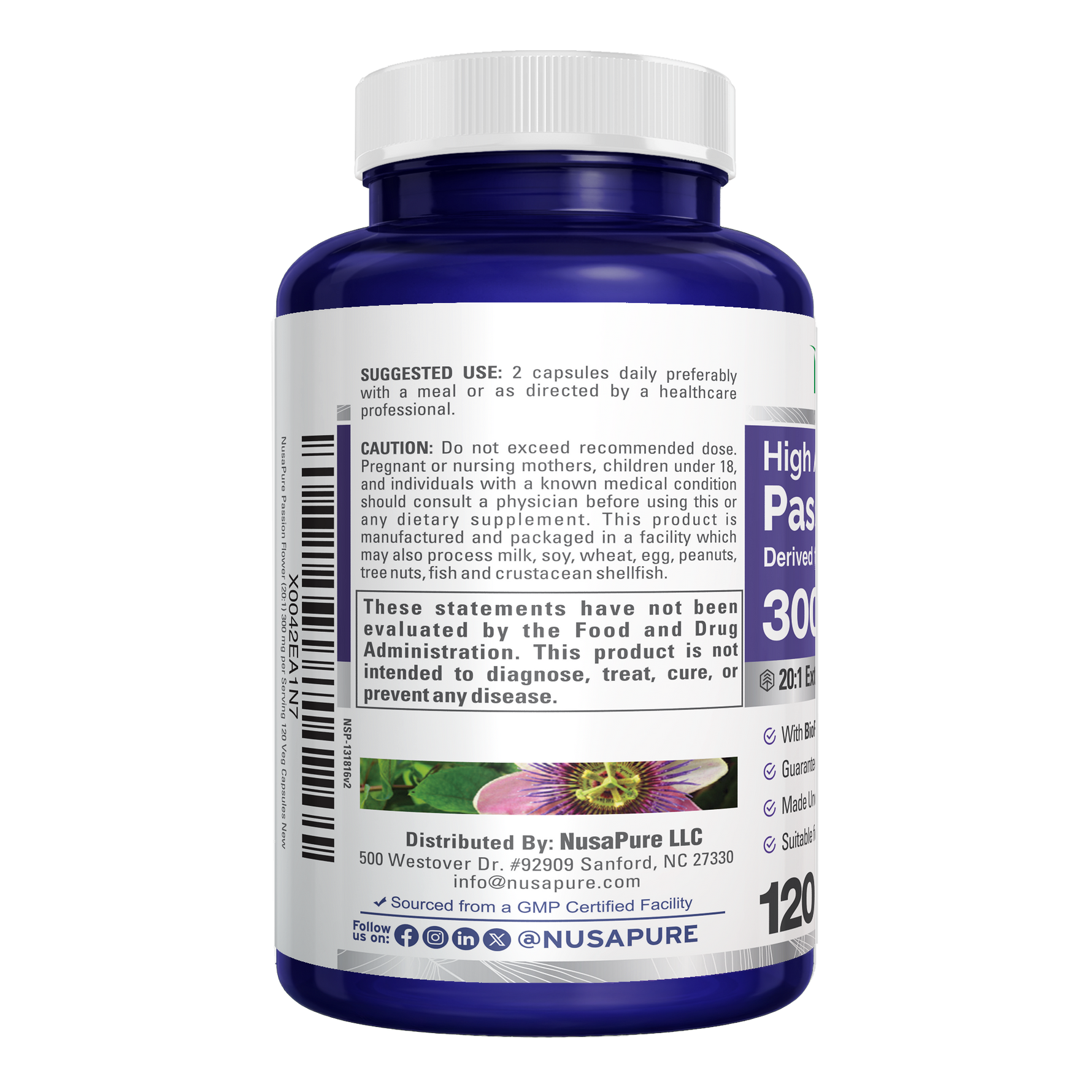 NusaPure Passion Flower 20:1 Extract, 300 mg, 120 Veggie Caps, Non-GMO, Bioperine, Extract Supplement