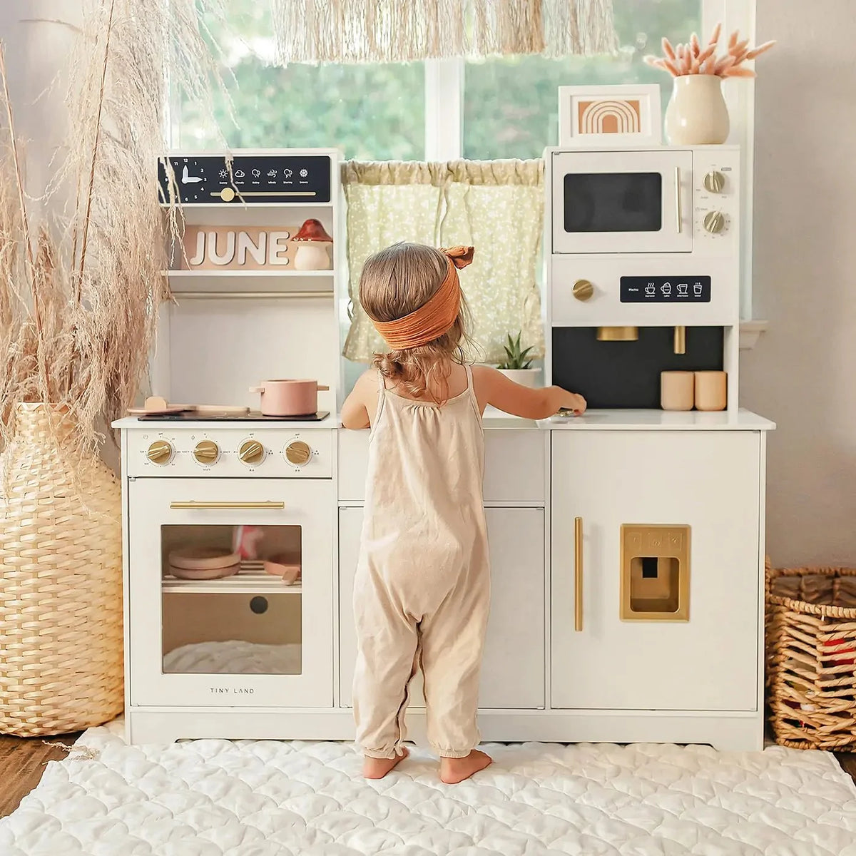 Tiny Land® Iconic Wooden Play Kitchen – Cream Pretend Cooking Set for Kids