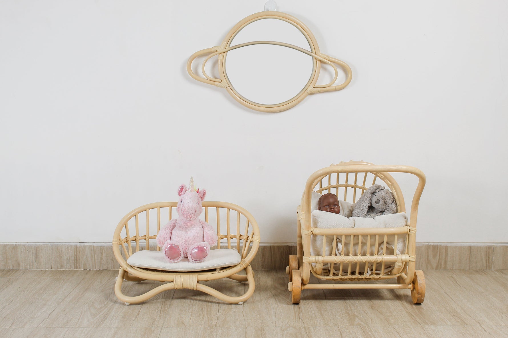 Rattan Doll Stroller – Handmade Boho Doll Pram for Imaginative Play