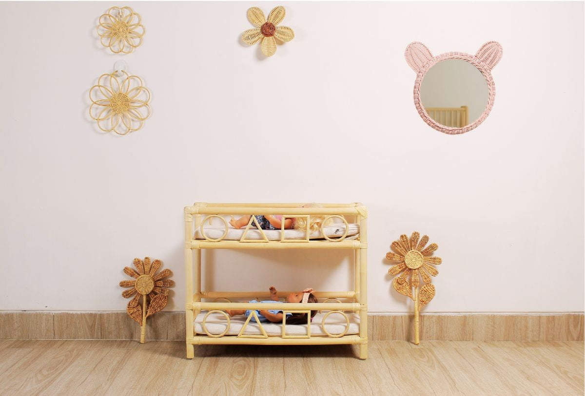 Kids Pink Rattan Teddy Bear Wall Mirror – Baby Girl Nursery & Kids Room Décor Gift