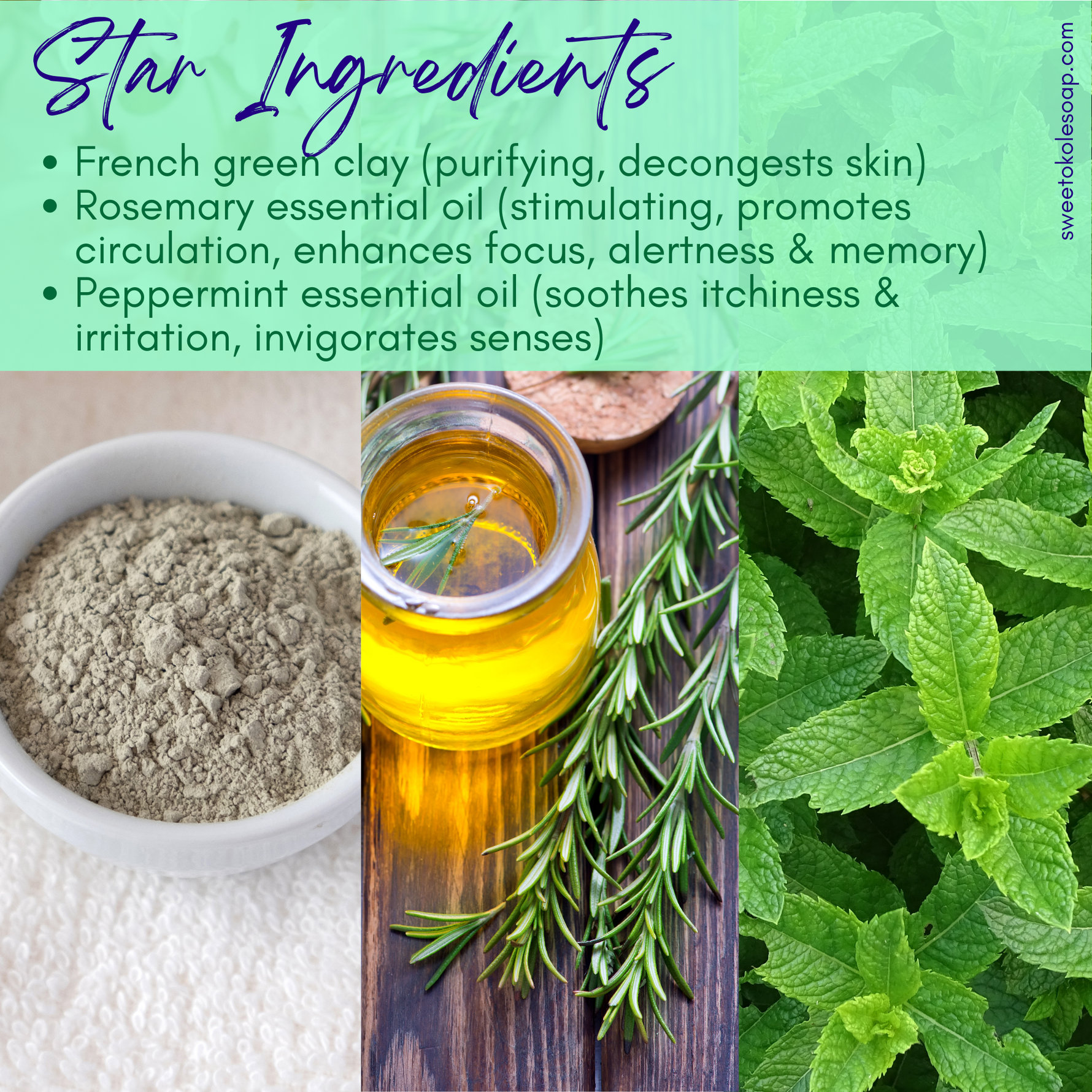 Green Clay & Rosemary Peppermint Soap, Crisp Scent Vegan Bar