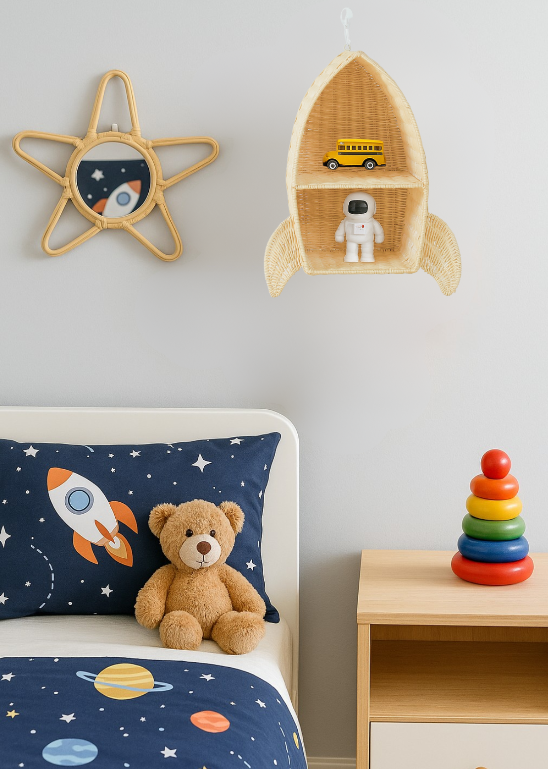 Rattan Rocket Ship Wall Shelf – Space Theme Kids Room & Nursery Décor