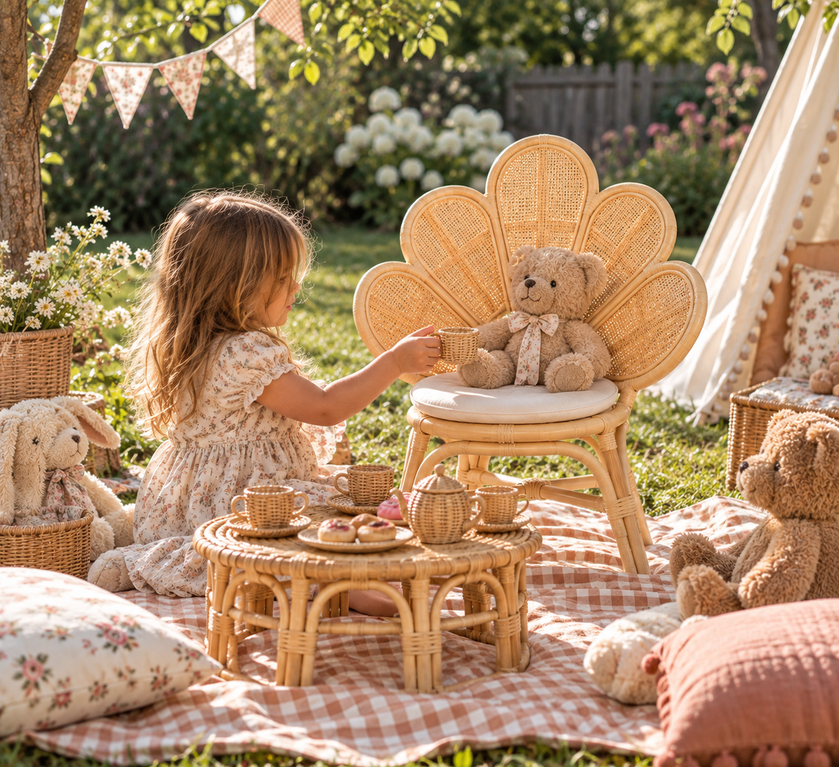 Handmade Rattan Flower Chair for Kids – Blossom Bloom Rattan Chair – Handwoven Flower Chair for Kids and Dolls| Boho Nursery & Playroom Furniture