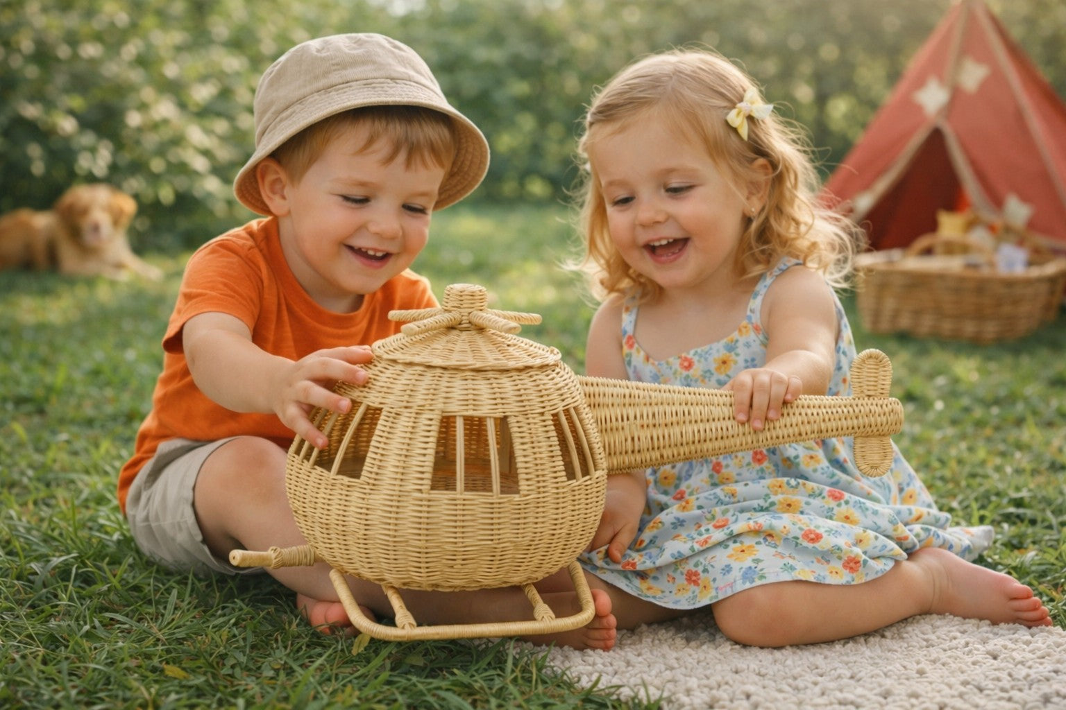 Rattan Toy Helicopter – Handcrafted Boho Pretend Play Toy for Kids | Montessori Airplane Nursery Decor