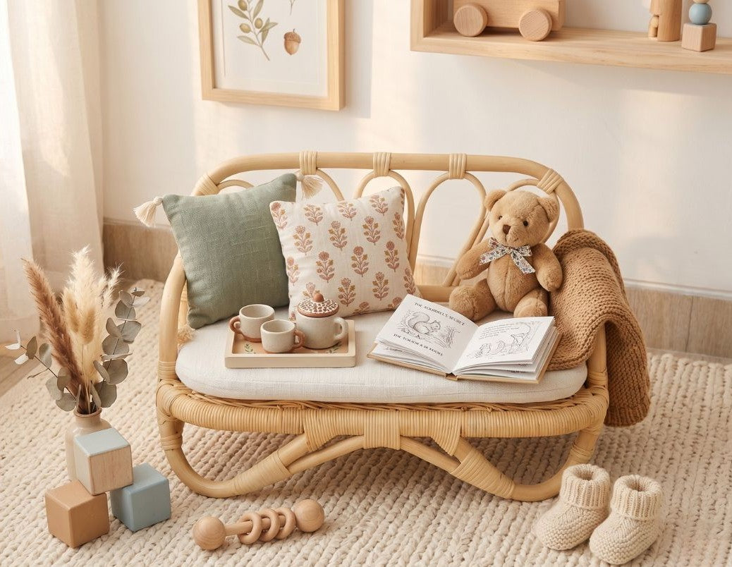 The Heirloom Doll Couch | Boho Montessori Doll Furniture | Eco-Friendly Pretend Play Sofa for Dolls