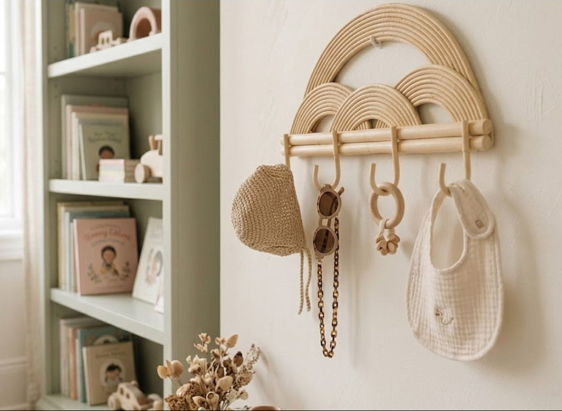 Montessori Rainbow Wall Hanger  |  Rattan Wall Rack | Boho Nursery Wall Hooks for Kids