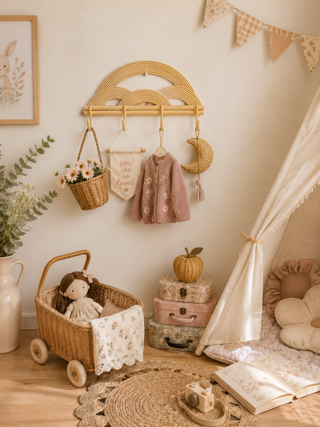 Montessori Rainbow Wall Hanger  |  Rattan Wall Rack | Boho Nursery Wall Hooks for Kids