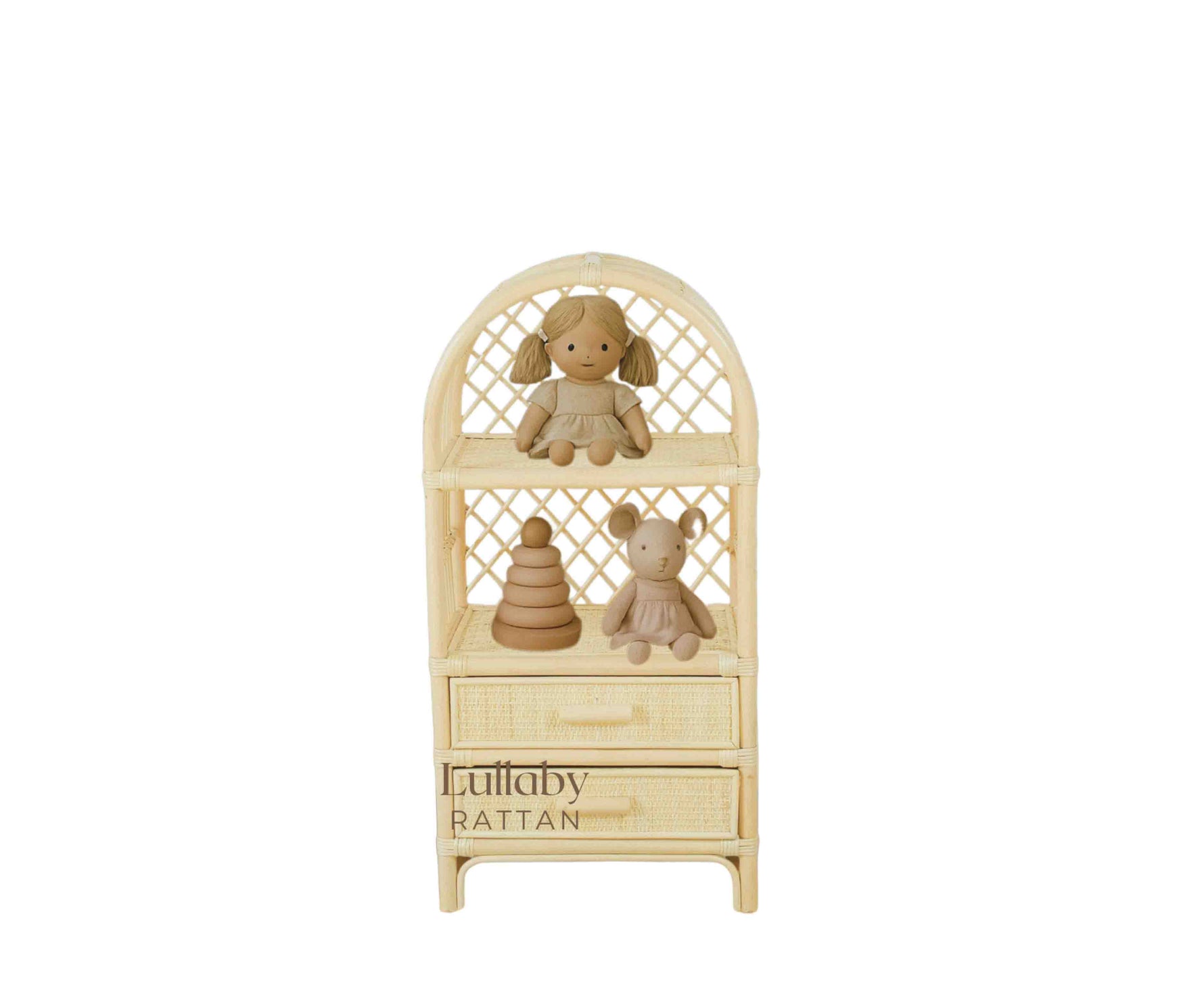 Boho Rattan Kids Bookshelf & Toy Storage | Montessori Doll Shelf – Eco-Friendly Nursery & Playroom Furniture