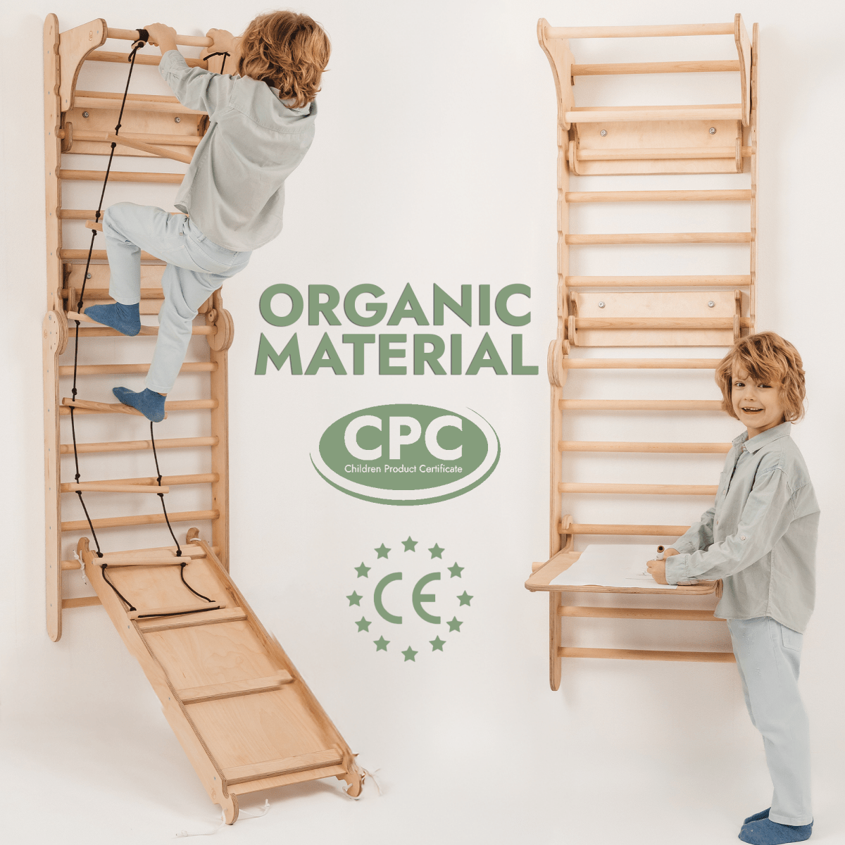 Wooden Swedish Wall / Climbing ladder for Children + Swing Set + Slide Board + Art Add-on