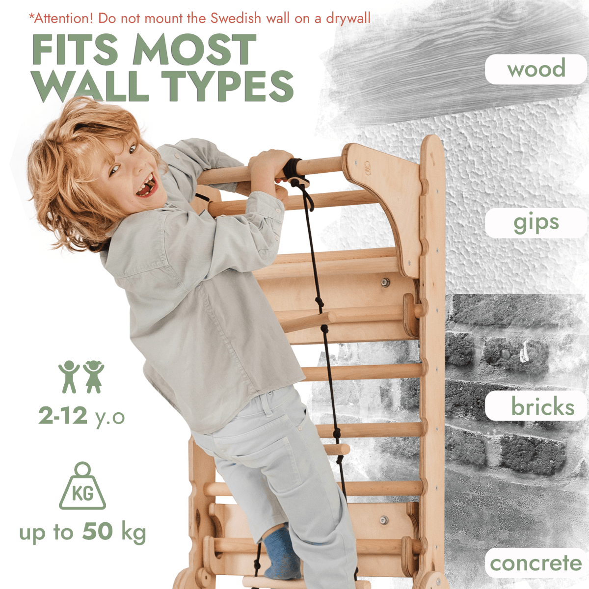 Wooden Swedish Wall / Climbing ladder for Children + Swing Set + Slide Board + Art Add-on
