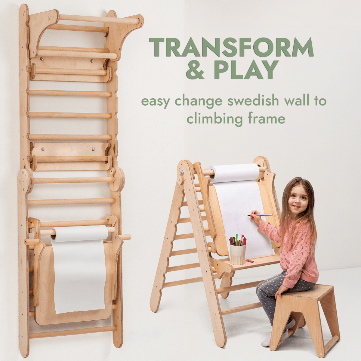 Wooden Swedish Wall / Climbing ladder for Children + Swing Set + Slide Board + Art Add-on
