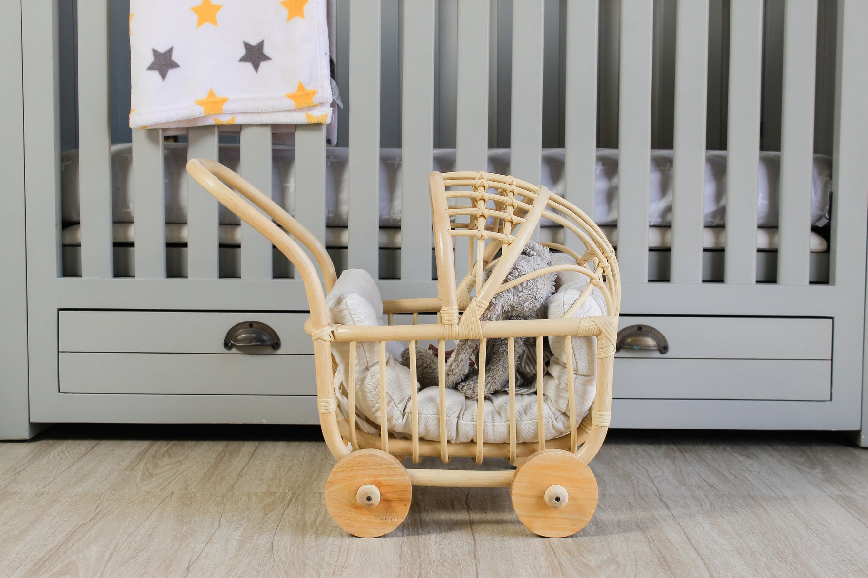 Rattan Doll Stroller – Handmade Boho Doll Pram for Imaginative Play
